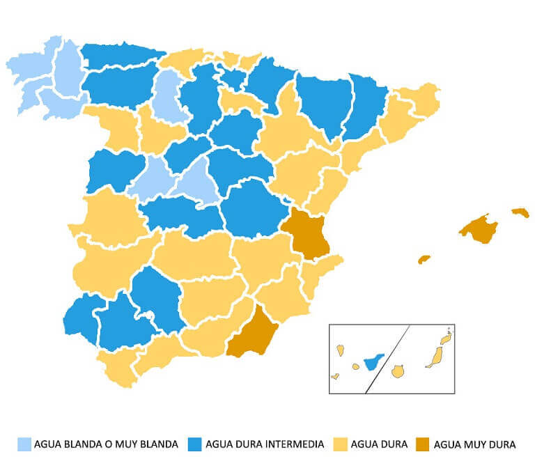 Mapa con Durezas del Agua en España